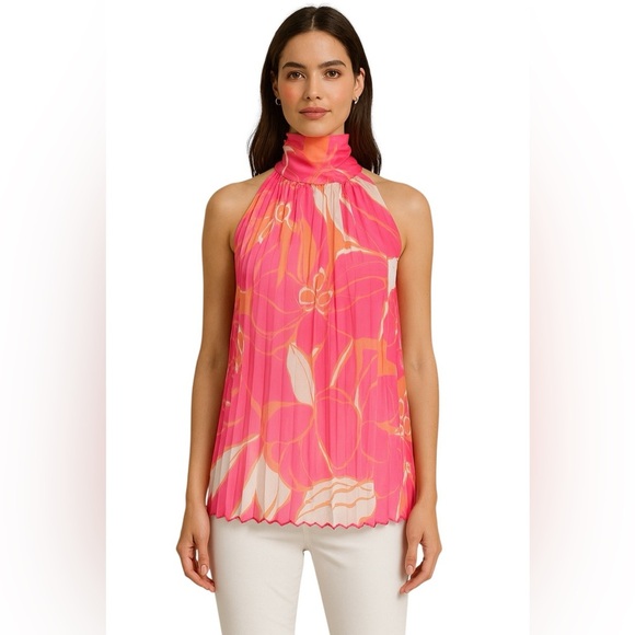 Milly Tops - Milly Pink Orange Pleated Halter Blouse Silk Resort Vacation Luxe Top Size P